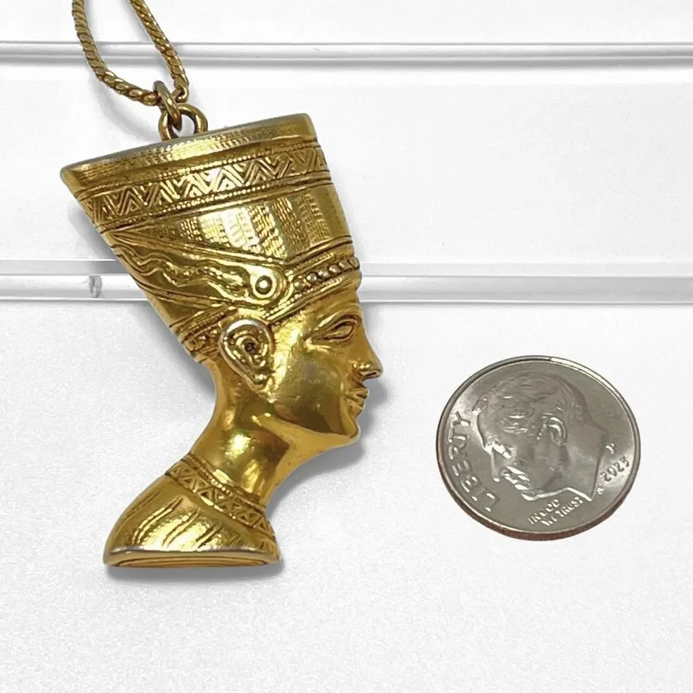 Vintage Egyptian Style Pendant Necklace Gold Tone Pharoah Nefertiti 1.5
